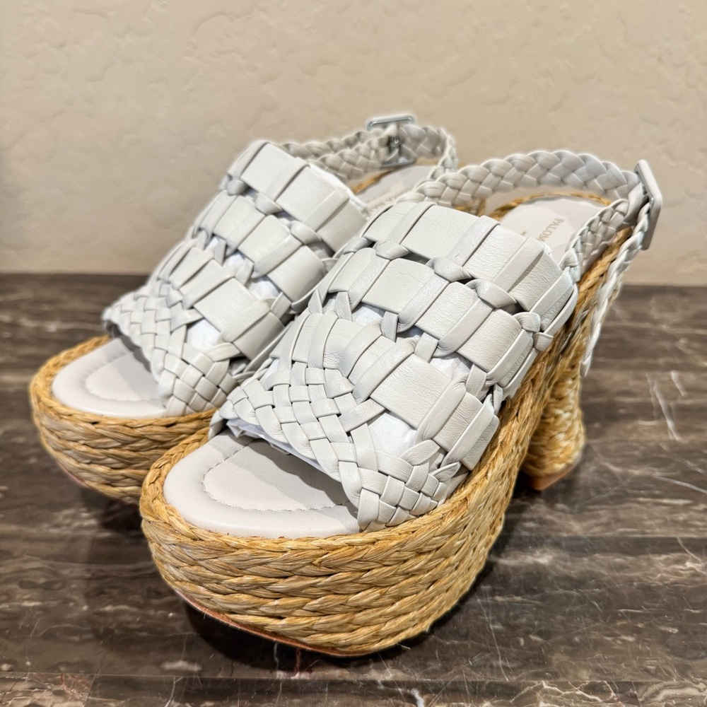 NEW Paloma Barcelo Prue Heeled Leather and Raffia Platform Sandals